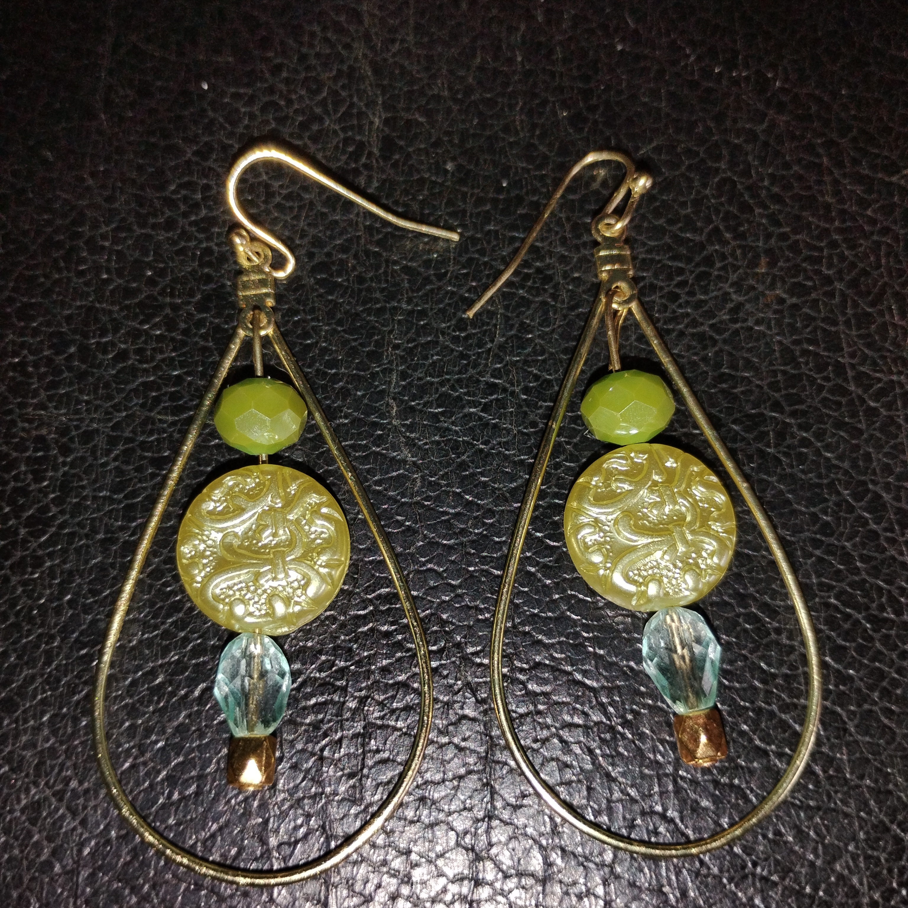 Elegant Gold Toned And Green Beaded Teardrop Earrings